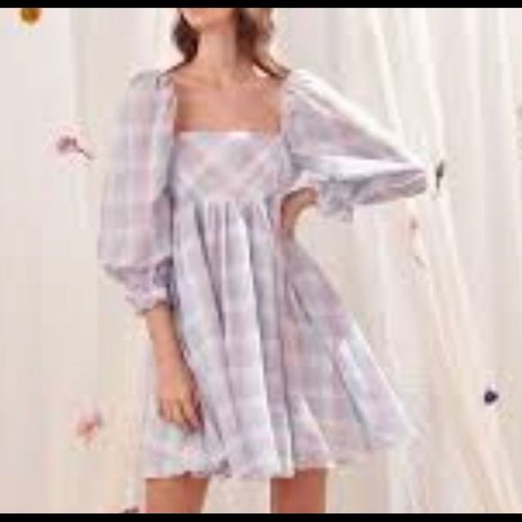 ✨NWT✨STORIA✨PASTEL PLAID PUFF-SLEEVEST BABYDOLL MINI DRESS - Picture 8 of 14
